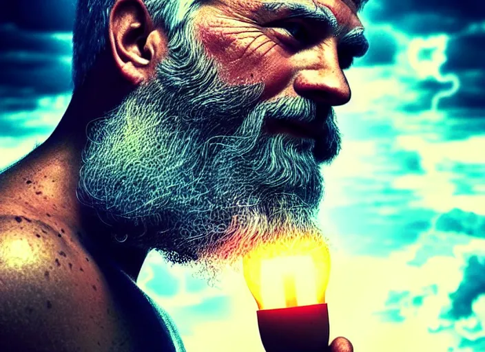 Image similar to zeus god of the sky holding the lightings + older man with a beard + father of all gods and humans + beautiful face and pretty face + intricate complexity, rule of thirds, style by artgerm, dramatic lighting