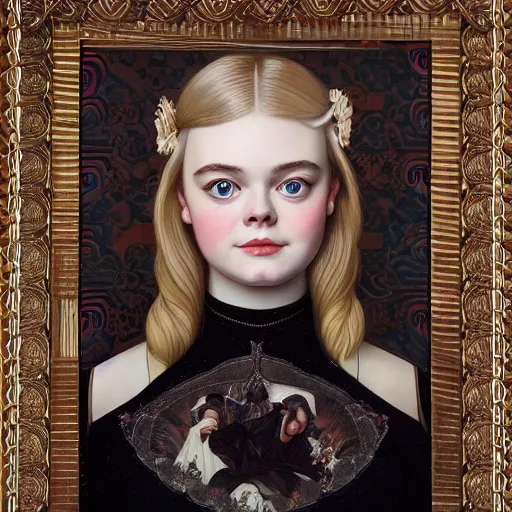 Image similar to a vintage portrait painting of elle fanning in prey wearing a black baclava, highly detailed, art by tristan eaton and artgerm and william - adolphe bouguereau