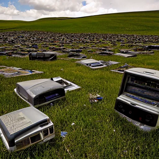 Prompt: bliss windows xp screensaver with many broken dilapidated old computers graveyard, wide angle lens