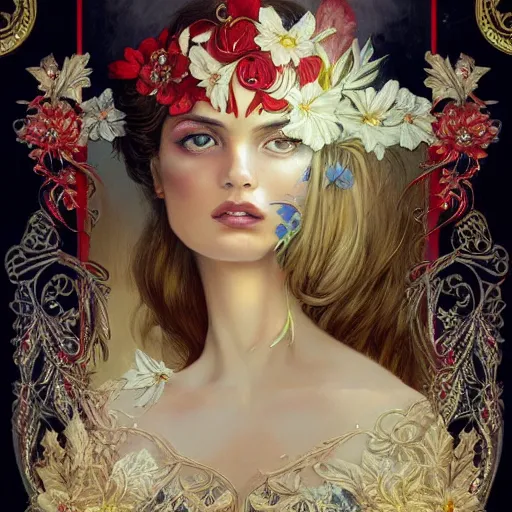 Image similar to beautiful brunette lady in white embroidered shirt, national costume of venezuela, filigree crown with red, blue and yellow textile orchid flowers, intricate, elegant, digital painting, art nouveau, soft, soft, focus, edge light, charlie bowater, tom bagshaw, greg rutkowski