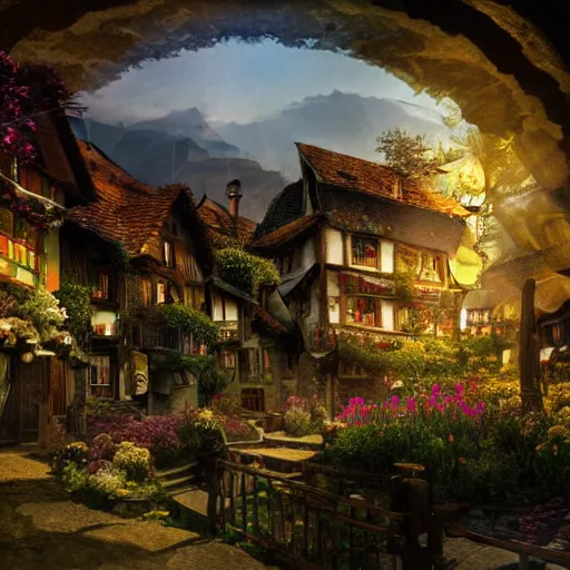 Image similar to my precious! - the hobbit - j. r. r. tolkien - a medieval village in switzerland, ornate, beautiful, atmosphere, vibe, flowers, concept art illustration, greg rutowski, volumetric lighting, sunbeams, particles