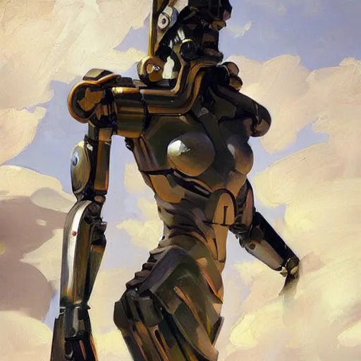 Image similar to Greg Manchess painting of a giant humanoid cyborg, medium shot, low angle, asymmetrical, scifi art, Organic Painting, sunny day, Matte Painting, bold shapes, hard edges, street art, trending on artstation, by Huang Guangjian and Gil Elvgren and Sachin Teng