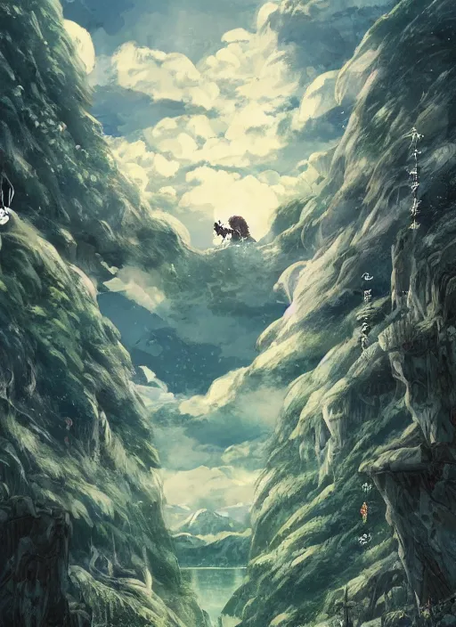 Image similar to the flim poster of a magical place around mountains and river, white spirit flying around the sky, miyazaki's animated film, ghibli studio, princess mononoke, 4 k, highly detailed, horizon view, cinematic composition, hyperdetailed,