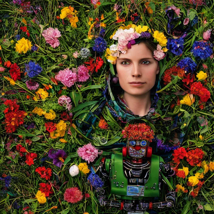 Image similar to closeup portrait of a robot wearing a cloak made of flowers and rainbows, in an empty field, by Annie Leibovitz and Steve McCurry, natural light, detailed face, CANON Eos C300, ƒ1.8, 35mm, 8K, medium-format print