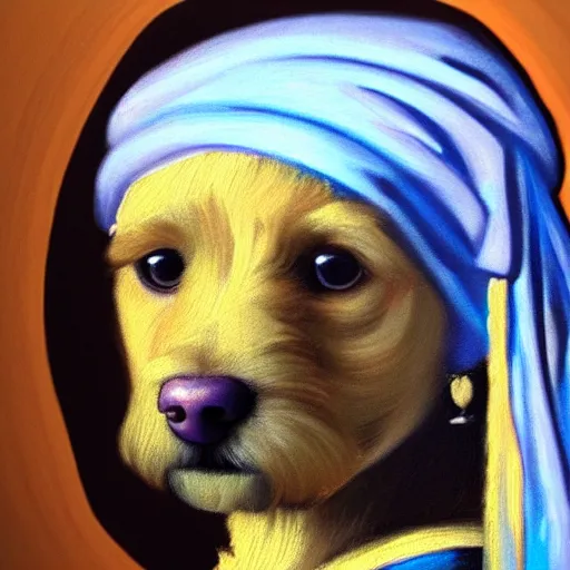 Prompt: painting of a mini goldendoodle puppy, posed in the style of johannes vermeer girl with a pearl earring painting, hyperrealistic, ambient lighting, soft shadows