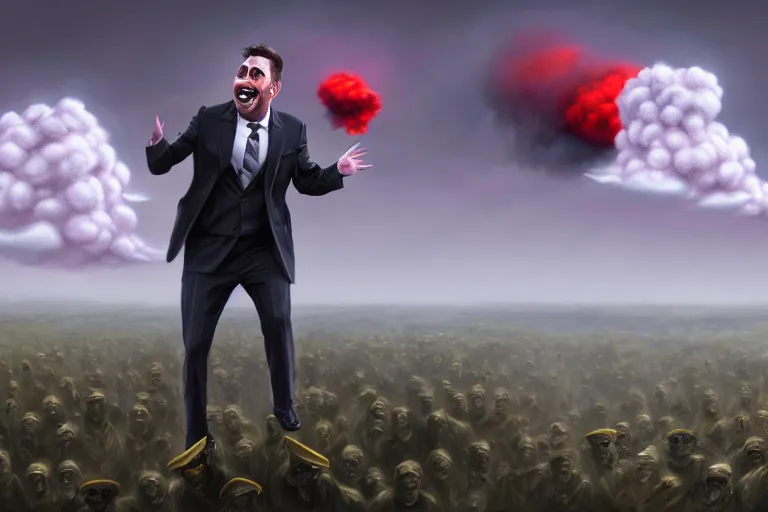 Image similar to a Comedian in suit and tie performing in a battle field with smiling dead bodies on the ground, nuclear cloud in far horizon, comedian is funny, performing to dead soldiers, apocalypse, trending on artstation, artstationHD, hyperdetailed matte painting, highly detailed, digital painting