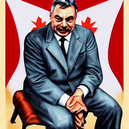 Image similar to hungarian prime minister viktor orban sitting on the knee of joseph stalin, propaganda poster art, highly detailed, colored