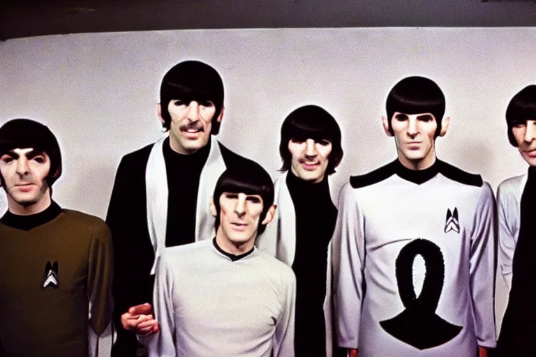 Image similar to leonard nimoy as mr spock with the beatles, color photograph, 1 9 6 0 s