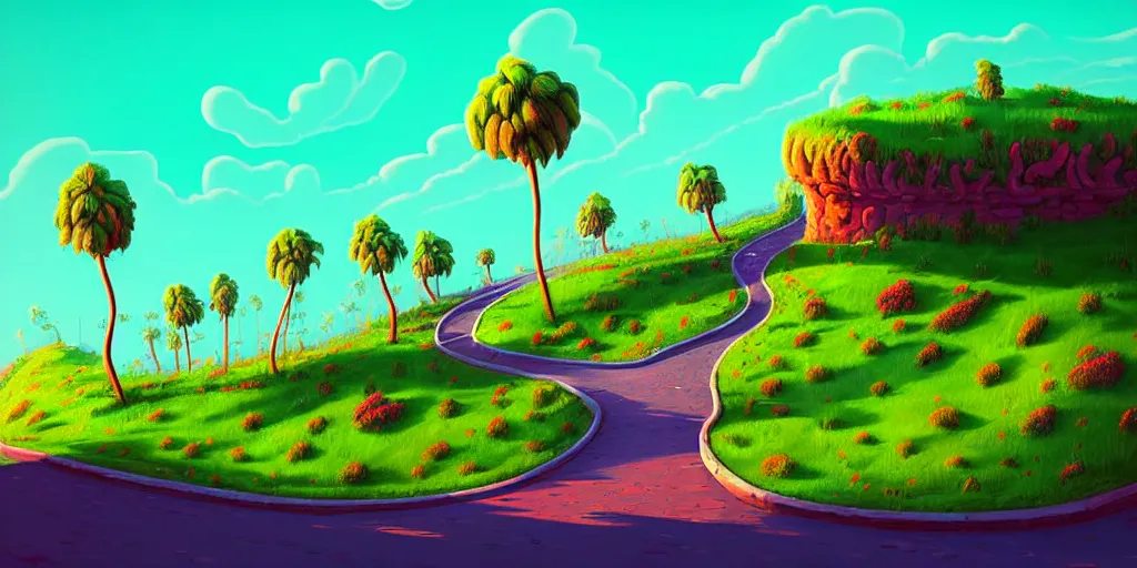 Image similar to curled perspective digital art of curly clouds cobblestone street with wildflowers to a casino in top of a hill with curly palmtrees by anton fadeev from nightmare before christmas