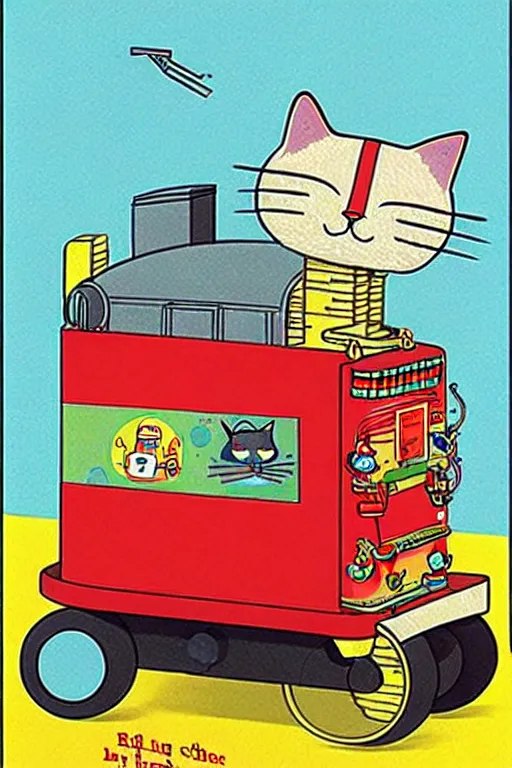 Image similar to ( ( ( ( ( ( ( a robot cat riding a cyber wagon ) ) ) ) ) ) ) by richard scarry!!!!!!!!!!!!!! muted colors, detailed