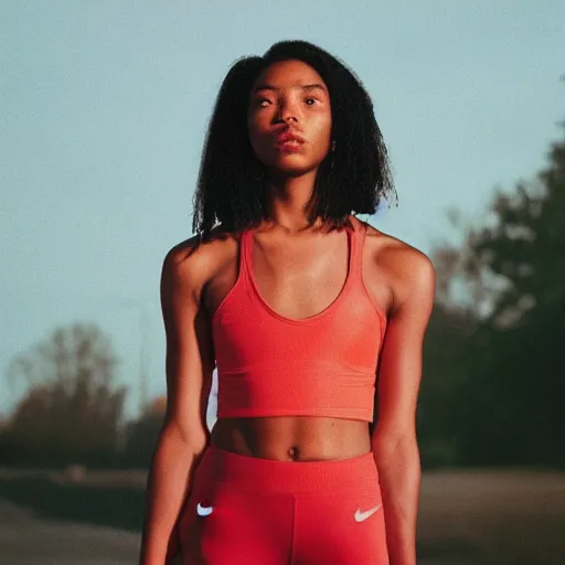 Image similar to realistic! photoshoot for a new nike lookbook, color film photography, portrait of a beautiful woman, red frontal light, in style of tyler mitchell, 35mm