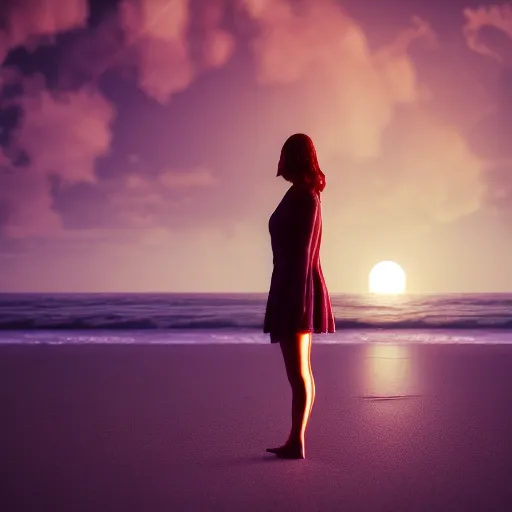 Image similar to aesthetic photo of a woman looking up crying at a beach at sunset, dslr, award winning, 8 k, octane beautifully detailed render, warm mood, cinematic lighting, detailed photo, masterpiece, volumetric lighting, ultra realistic, highly detailed, high quality, lossless, photorealistic, sharp focus, hd