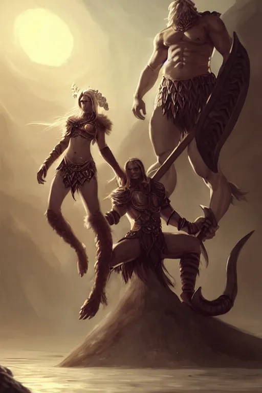 Image similar to a small triton girl wearing scale armor riding on a the shoulders of a large male goliath wearing fur and leather armor, dnd concept art, painting by ross tran and WLOP