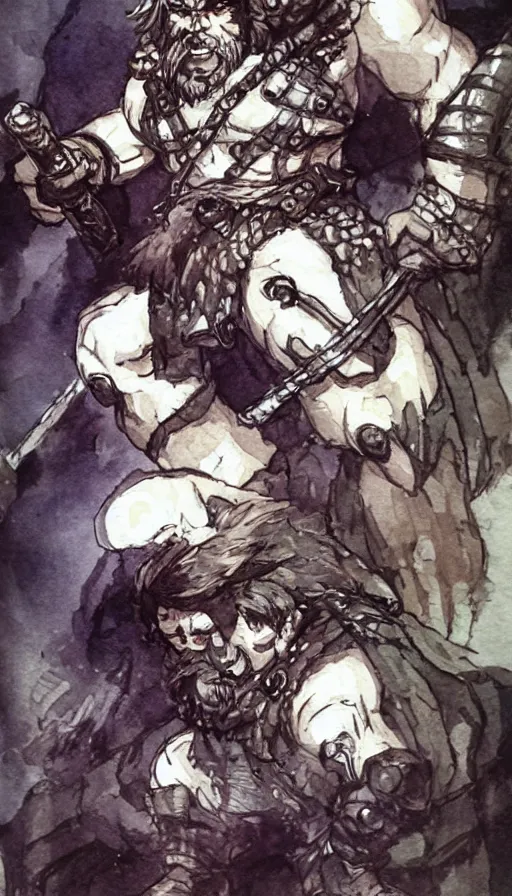 Image similar to Dwarf Barbarian, drawn by Yoji Shinkawa, water color, Dungeons and Dragons, Wizards of the Coast