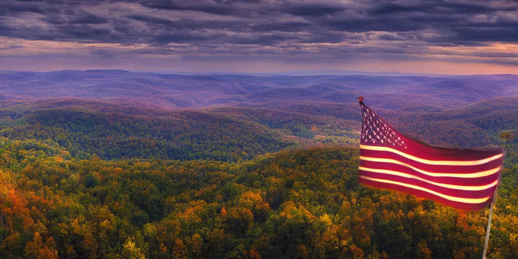 Prompt: let freedom ring from the heightening alleghenies of pennsylvania. ultrafine highly detailed hyper realistic colorful illustration, unreal engine highly rendered, global illumination, radiant light, intricate and detailed environment