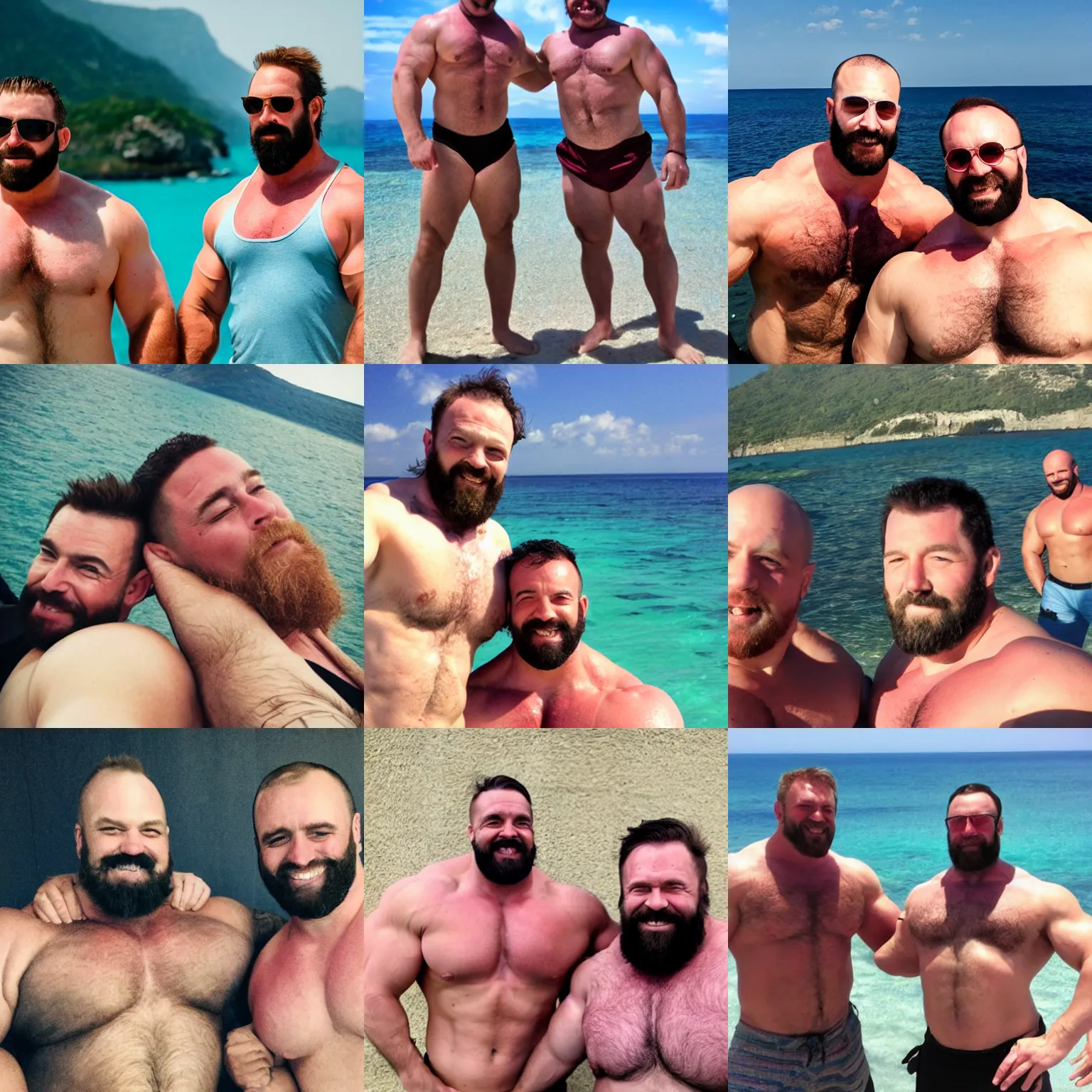Prompt: honeymoon picture of two manly burly strongmen husbands