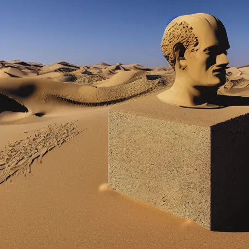 Image similar to ozymandias'statue, drowned in the dunes of the desert, photorealistic