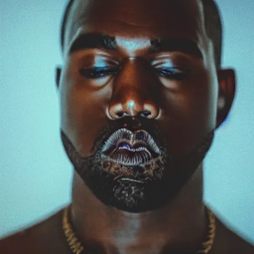 Image similar to cinematic photograph of Kanye West dresses as a cyborg, minimal album cover, shallow depth of field, 40mm lens, gritty, textures