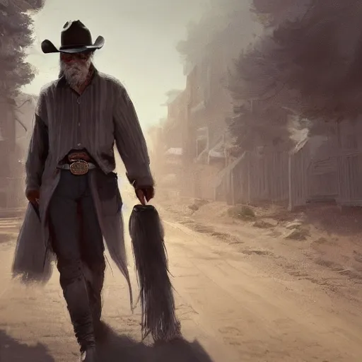 Image similar to portrait of a man with a long duster, grey hair and a cowboy hat walking in an old west town, harsh good looking face, middle aged, drawn by ruan jia, disco elysium style, fantasy art, dramatic lighting, digital art, 8 k, highly detailed