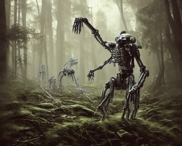 Image similar to photo of general grievous with heavy duty biomechanical hydraulic cybernetic body and 4 arms holding active lightsabers in the forest. cyberpunk horror style. highly detailed 8 k. intricate. nikon d 8 5 0 5 5 mm. award winning photography. art by hr giger and zdzislaw beksinski in the style of hzd