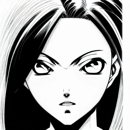 Image similar to alita by yukito kishiro. medium shot. black and white manga. pencil drawing. high detailed face