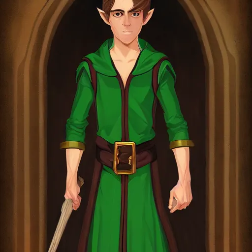 Prompt: A portrait of a adolescent male half-elf wizard who is tall and slim, focus on face, short brown hair, smiling, deep green eyes, robes, staff, sharp focus, highly detailed, photograph, cinematic, dynamic lighting, trending on artstation, digital painting