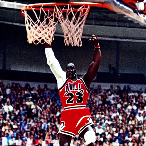 Prompt: michael Jordan as superman dunking a basketball