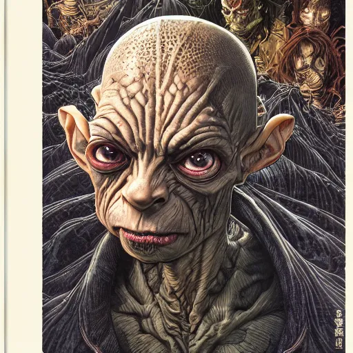 Image similar to portrait of gollum, symmetrical, by yoichi hatakenaka, masamune shirow, josan gonzales and dan mumford, ayami kojima, takato yamamoto, barclay shaw, karol bak, yukito kishiro