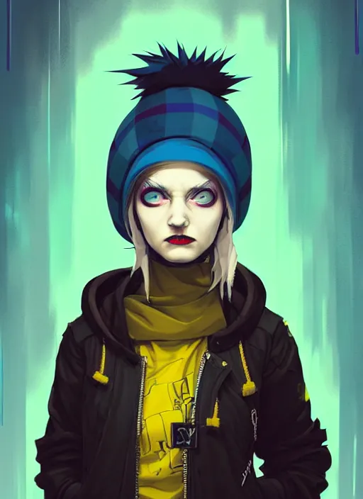 Prompt: highly detailed portrait of a sewer punk lady student, blue eyes, tartan hoody, hat, white hair by atey ghailan, by greg tocchini, by jesper ejsing, gradient yellow, black, brown and cyan color scheme, grunge aesthetic!!! ( ( graffiti tag wall ) )