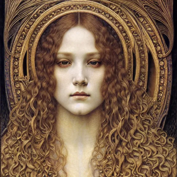 Image similar to detailed realistic beautiful young medieval queen face portrait by jean delville, gustave dore and marco mazzoni, art nouveau, symbolist, visionary, gothic, pre - raphaelite. horizontal symmetry