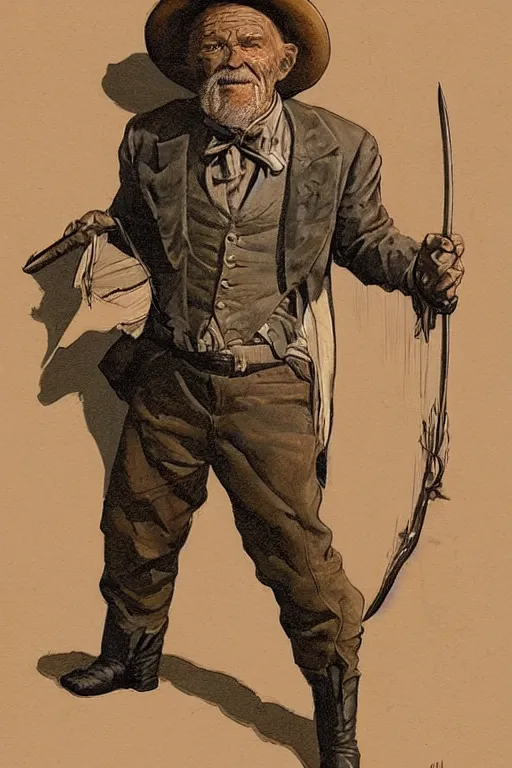 Image similar to vernon. Smug old west circus knife thrower. concept art by James Gurney and Mœbius.