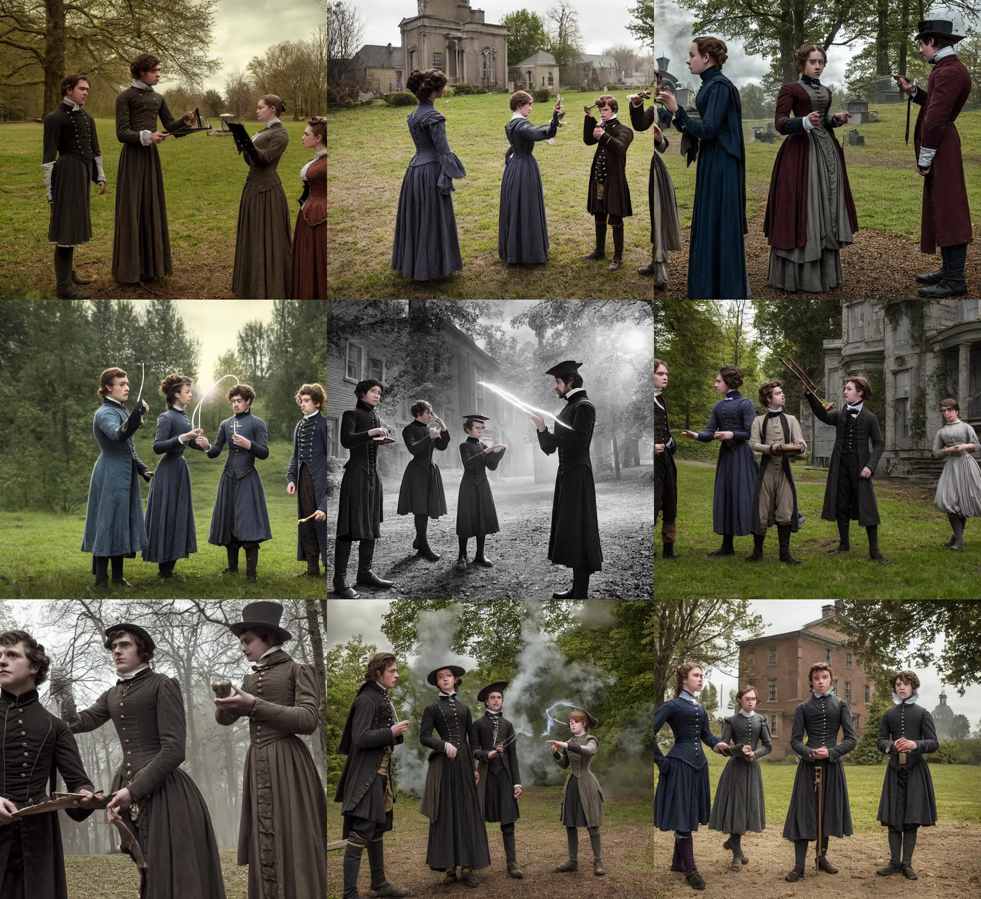 Prompt: sharp lens, detailed, film still from a 2 0 1 9 sci fi 8 k movie, set in 1 8 5 0 in an alternate universe, mid distant shot of three students practicing magic, outside the school of magic, good special effects, wearing 1 8 5 0 s clothes, atmospheric lighting, in focus, reflective eyes, 4 0 mm macro lens, live action, nice composition