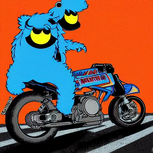 Image similar to illustration of cookie monster riding kaneda's motorcycle from akira by ilya kuvshinov katsuhiro otomo