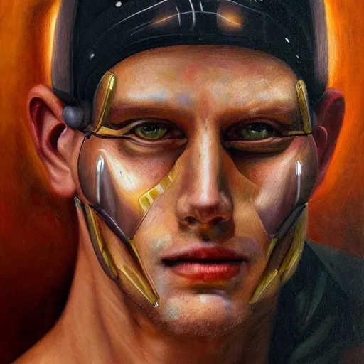 Image similar to amazing portrait of a cyborg man, oil painting. HD