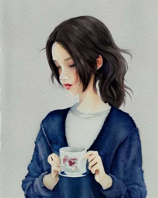 Prompt: a cozy watercolor painting of a pretty french girl with dark hair, wearing an oversized sweater, cuddled up by a windowsill making eye contact with the viewer, holding a mug of hot tea covering her lower face. In the style of ilya kuvshinov, dramatic lighting, fantasy, intricate, elegant, highly detailed, lifelike, photorealistic, digital painting, bokeh, HDR, high resolution, artstation, concept art, smooth, sharp focus, art by Krenz Cushart and Albert Aublet