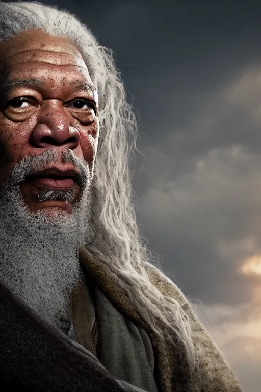 Image similar to morgan freeman starring as gandalf in lord of the rings, cybertronian, long shot, cinematography by wes anderson, 4 k octane render, intricate detail, photorealistic, cinematic lighting, artstation