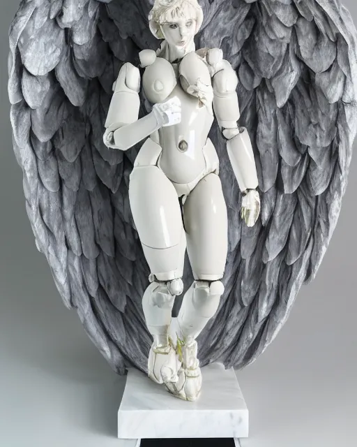 Image similar to marble sculpture of female angel with solarpunk mecha humanoid robotic parts with bright led lights, pudica pose gesture, by michelangelo, in white room, ultra - realistic and intricate, hdr 8 k