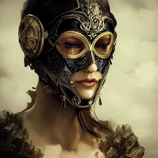 Image similar to Very very very very highly detailed epic photo of face with venetian mask, intricate, dystopian, sci-fi, extremely detailed, digital painting, artstation, concept art, smooth, sharp focus, illustration, intimidating lighting, incredible art by Artgerm and Anton Pieck