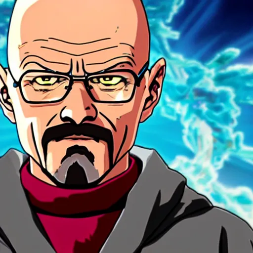 Image similar to a still of walter white in dragon ball z, detailed, by akira toriyama, digital anime art