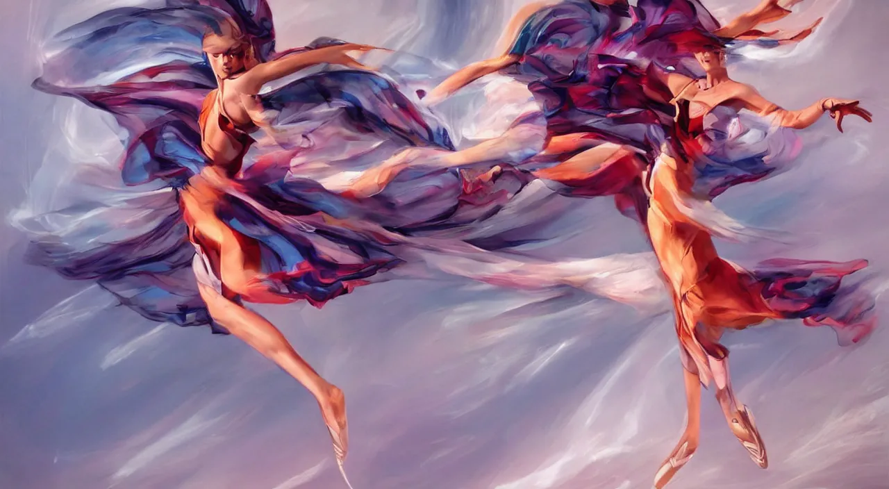 Prompt: a dancer with futuristic clothes dances in a swirling wind by julie bell, trending on artstation