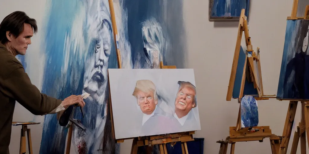 Image similar to actor jim carrey, stands at a his easel, painting donald trump, soft focus, long exposure