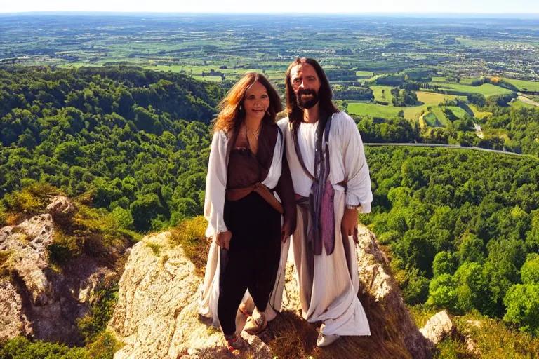 Prompt: selfie from a mobile phone of happy jesus and happy mary magdalene standing on a cliff looking over a beautiful landscape in france, in love, rennes - le - chateau, award winning photo, wide angle lens, very detailed, photorealistic