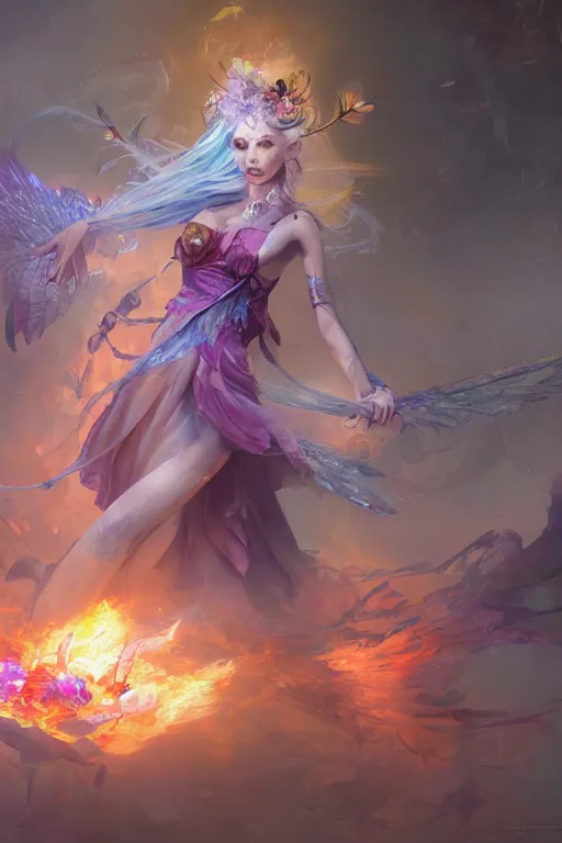 Image similar to beautiful girl necromancer, magical fairy exploding into flowers, angels, 3 d render, hyper - realistic detailed portrait, holding fire and electricity rainbow, ruan jia, wlop. scifi, fantasy, magic the gathering, hyper detailed, octane render, concept art, peter mohrbacher