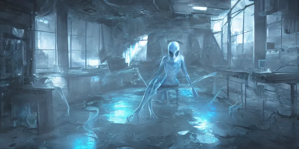 Prompt: an alien trapped in a blue crystal inside an abandoned laboratory, hyperrealistic, cgsociety, path traced, highly detailed, high quality, 8 k, dramatic lighting, cinematic, high coherence, anatomically correct, trending on artstation, midjourney style, epic scene, concept art, octane render, unreal engine 5, digital art