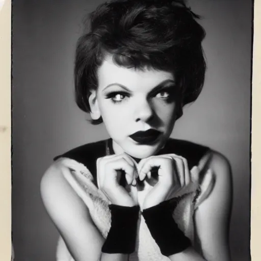 Prompt: photographic portrait of a hybrid of k. j. steinberg and judy garland aged 2 2, with a fringe, 8 k