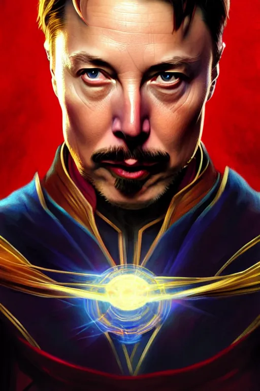 Image similar to elon musk as dr strange, realistic portrait, symmetrical, highly detailed, digital painting, artstation, concept art, smooth, sharp focus, illustration, cinematic lighting, art by artgerm and greg rutkowski and alphonse mucha