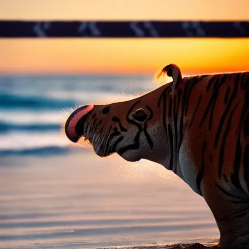 Image similar to a closeup photorealistic photograph of a cute stylish tiger hippo playing volleyball at the beach during sunset. Surf in the background. This 4K HD image is Trending on Artstation, featured on Behance, well-rendered, extra crisp, features intricate detail and the style of Unreal Engine.