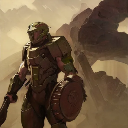 Image similar to portrait of rugged spartan, halo, muscular, d & d, concept art, art by greg rutkowski and alphonse mucha