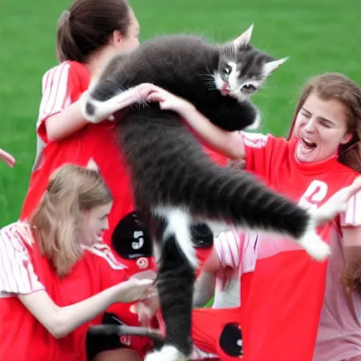 Prompt: kittens attack players during soccer game