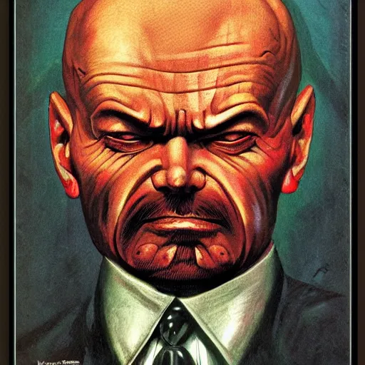 Image similar to portrait of vladimir lenin as evil gremlin by vincent di fate, artgrem, glenn fabry, jason edmiston, vivid colors, retro, comic book